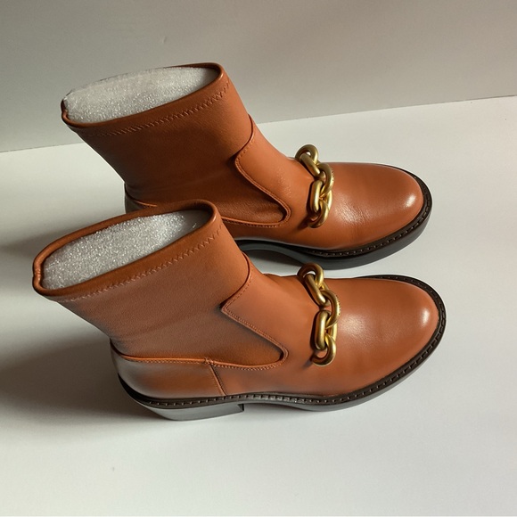 Coach Kenna honey caramel brown bootie with gold chain chunky heel ankle boot - Picture 12 of 14